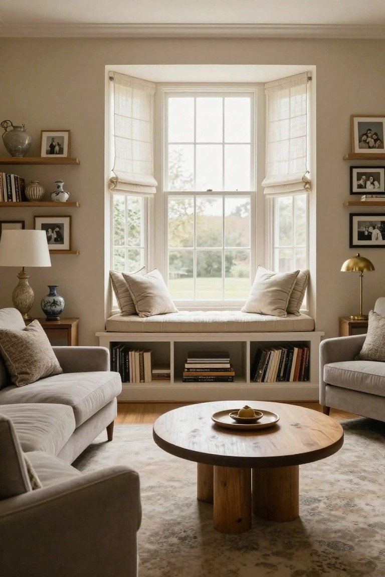 Beige living room with bay window seat featuring cushions and built-in bookshelves, gray sofas, round wooden coffee table, table lamps, and potted ceramics on shelves.