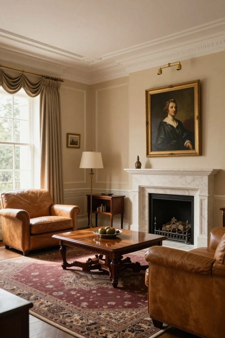 Living room with light beige walls, two tan leather armchairs around a wooden coffee table holding a fruit bowl, marble fireplace, Persian rug on wood floor, lamp, and large gold-framed portrait of a woman in dark dress.