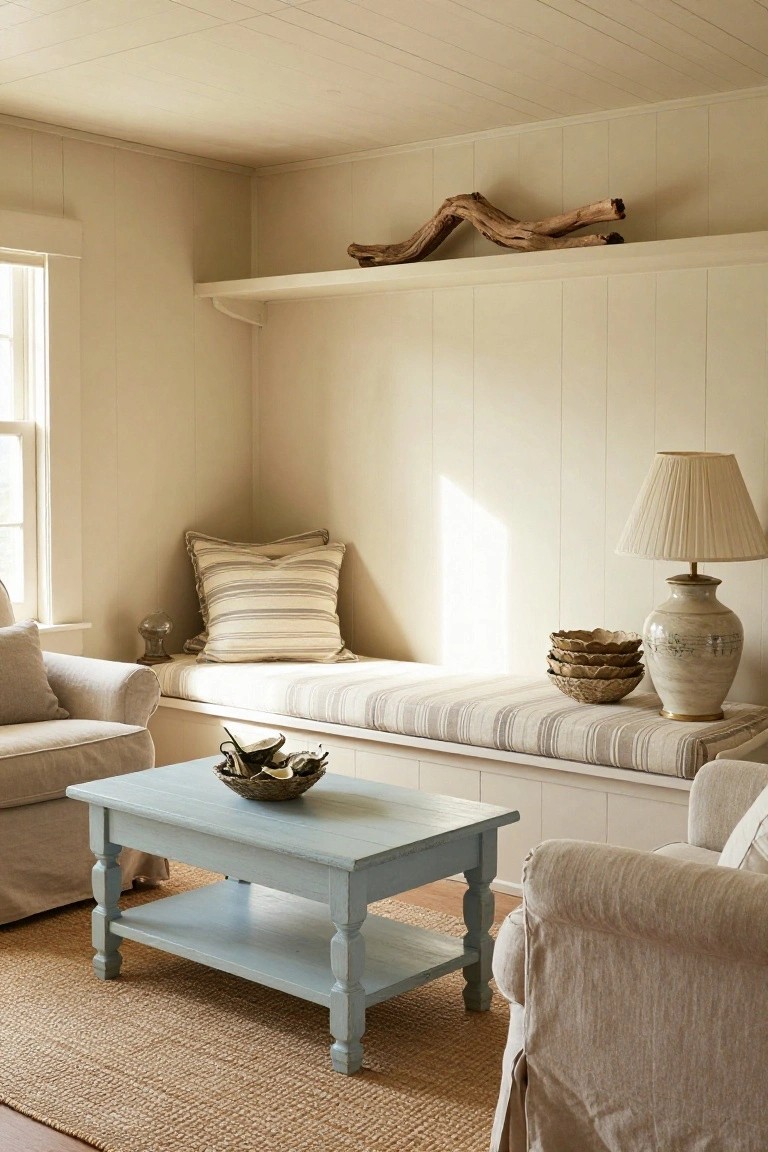 Beige paneled living room corner with built-in cushioned window seat bench, low blue painted coffee table holding seashells, linen armchair, table lamp, stacked bowls, and driftwood on shelf.