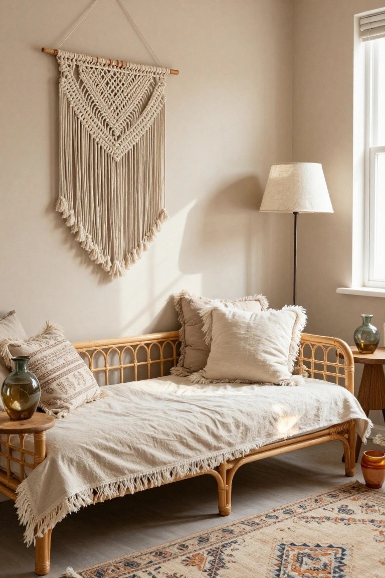 Beige-walled living room corner with rattan daybed covered in white fringed linens and pillows, macrame wall hanging above, floor lamp, side tables with glass vases, and patterned rug on wood-look floor.