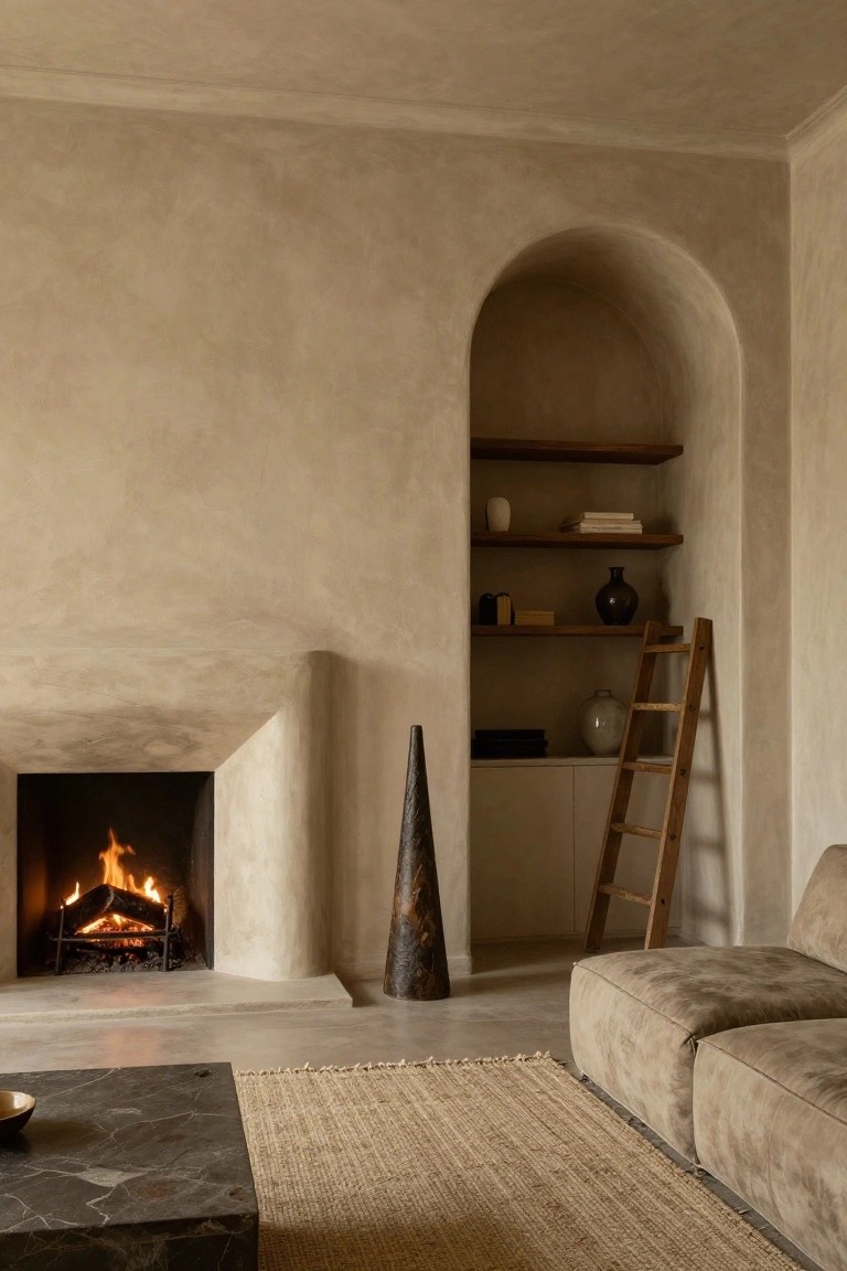 Living room with beige textured plaster walls featuring a curved fireplace, arched built-in shelves with pottery and a wooden ladder, tall obelisk sculpture, low modular beige sofas, seagrass rug, and black marble coffee table.
