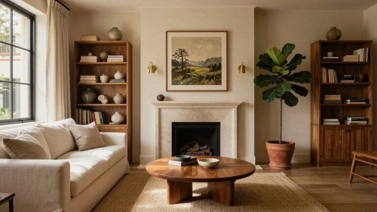 A living room with beige walls has a white slipcovered sofa facing a limestone fireplace, a wood coffee table on a seagrass rug, built-in bookshelves, a fiddle leaf fig plant, and French doors with white curtains.