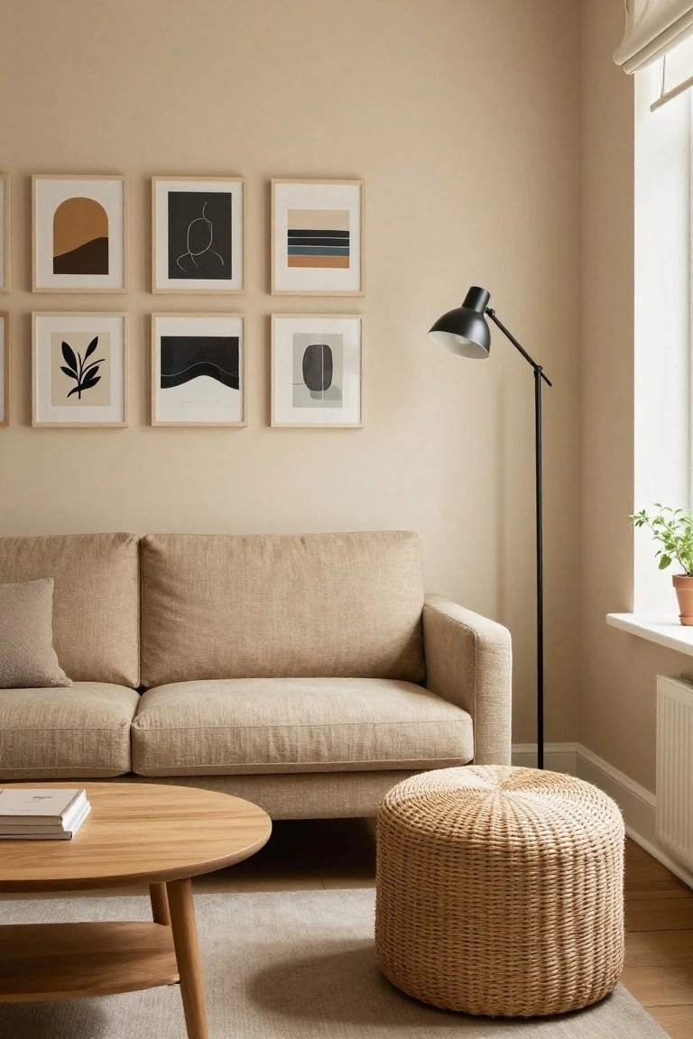 Light beige living room with a grid of six white-framed abstract prints on the wall above a beige sofa, wooden coffee table holding stacked books, black arched floor lamp, beige woven pouf, and potted plant by the window.