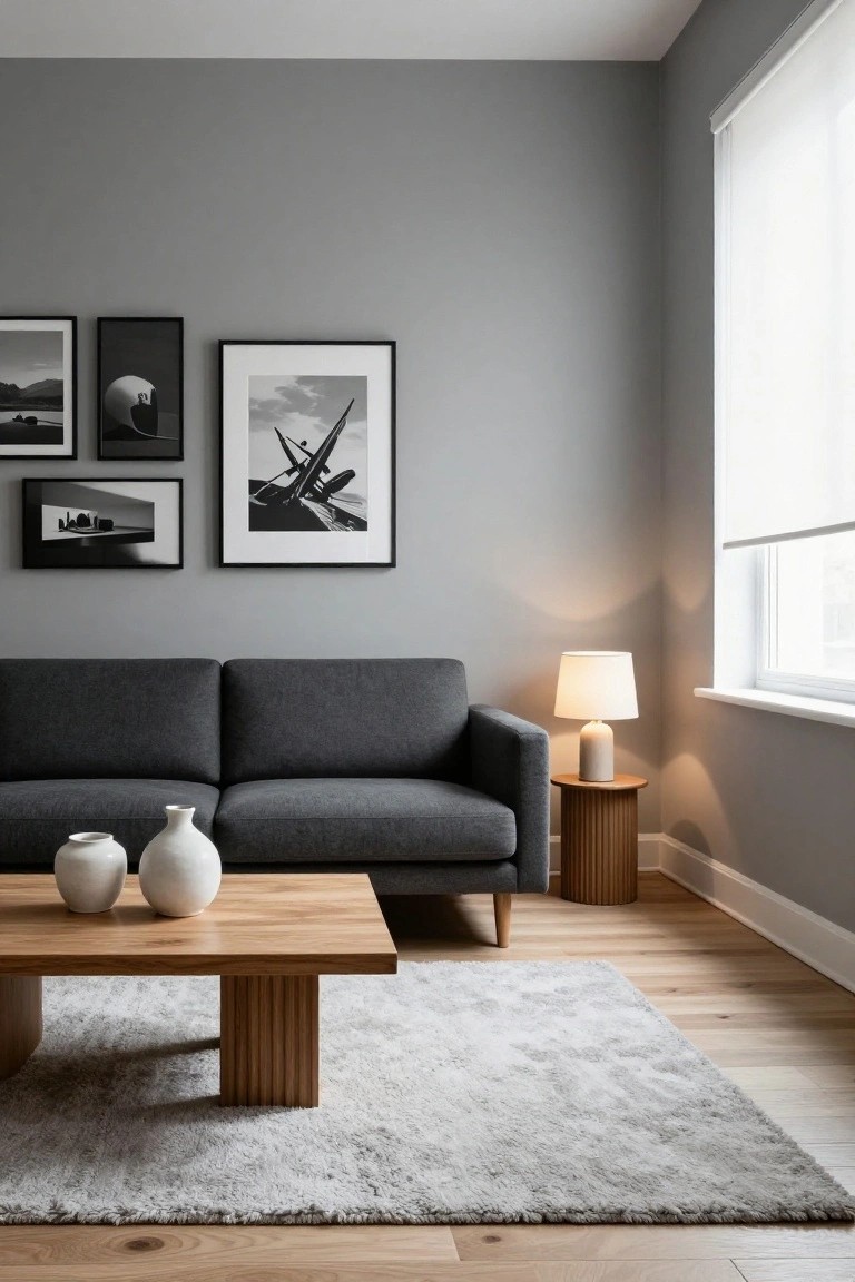 Modern living room featuring light gray walls, dark gray two-seater sofa, low wooden coffee table with two white vases, wooden side table with ceramic lamp, white shag rug, oak flooring, and black-framed black-and-white photographs on the wall next to a window with roller blind.