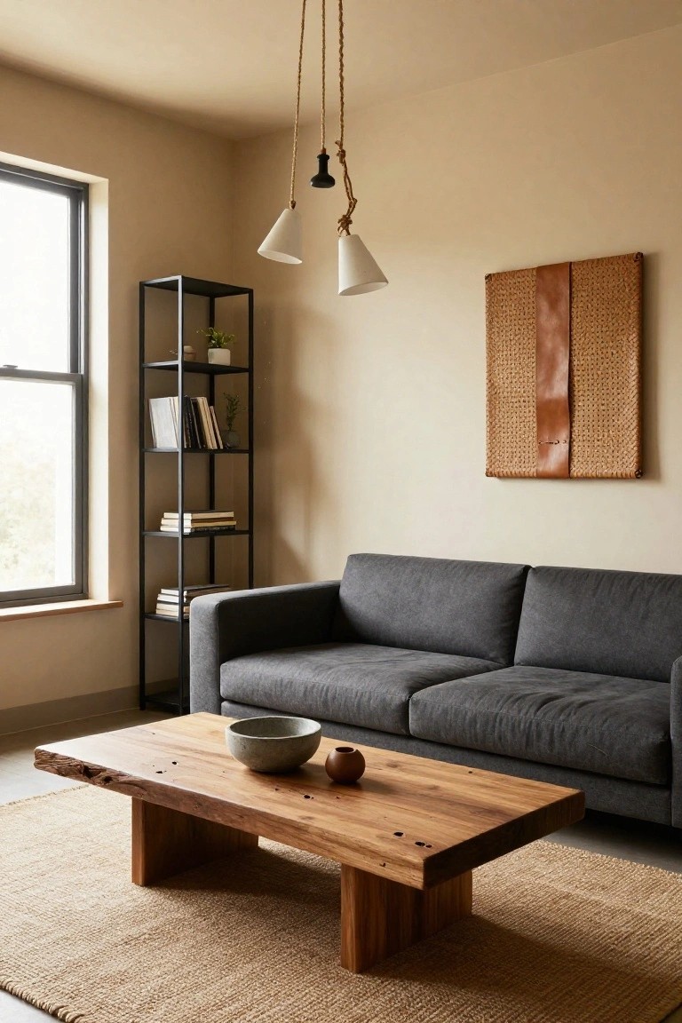 Beige-walled living room with gray sofa, live-edge wooden coffee table topped with gray bowl and brown cup, black metal shelving unit holding books and plants, two pendant lights, woven wall art, and beige rug.