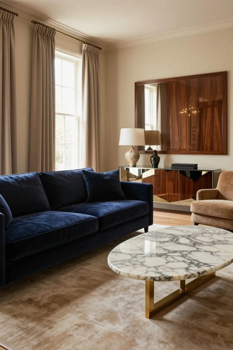 Living room with beige walls, navy blue velvet sofa, oval white marble coffee table on brass legs, wood and glass credenza with mirror above, tan armchair, and beige rug on wood floor.