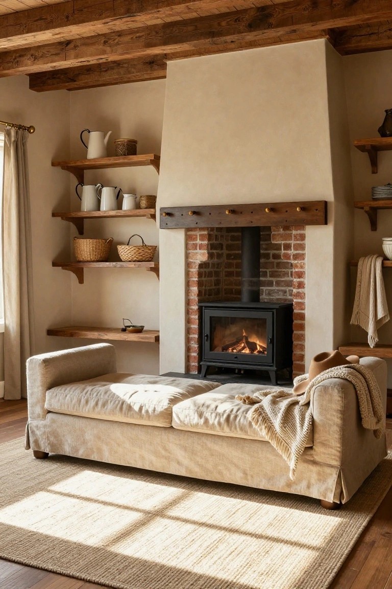 Living room with light beige walls, exposed wooden beam ceiling, brick surround holding black stove fireplace with flames visible, neutral fabric sofa on wooden floor, wooden shelves with teapots and baskets, seagrass rug, and draped fabrics.