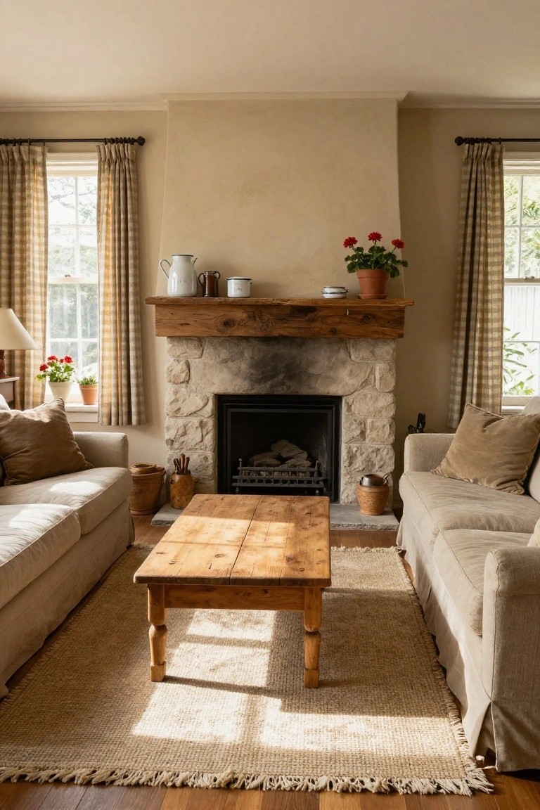 Living room with beige walls, stone fireplace topped by wooden beam mantel holding white pitchers and plants, two facing beige sofas, wooden coffee table on jute rug, checkered curtains at windows.