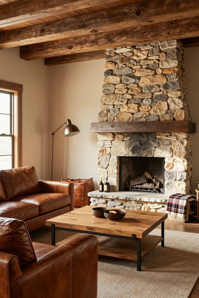 Living room with light beige walls, tall rustic stone fireplace with burning logs, brown leather sofas, wooden beamed ceiling, arc floor lamp, and wooden coffee table on light rug.
