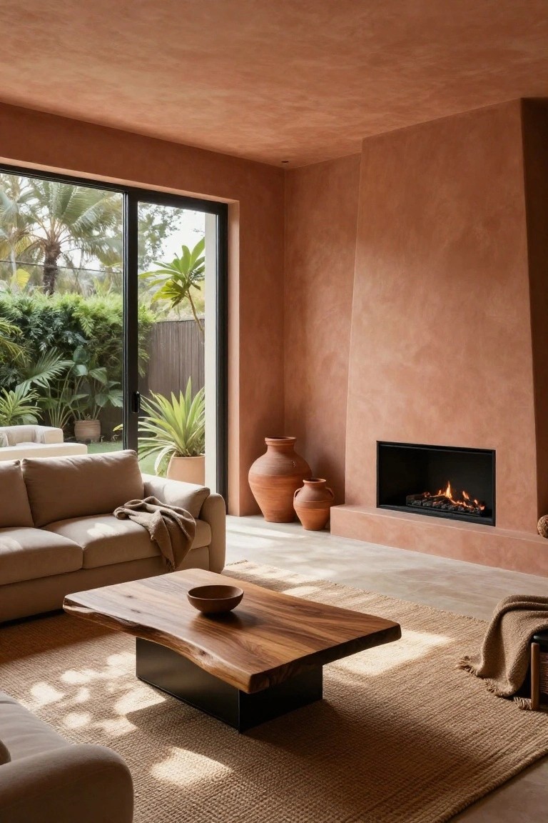 Living room featuring textured terracotta walls, beige sofa with throw blanket, live-edge wooden coffee table, terracotta pots, gas fireplace, and sliding glass doors opening to a lush tropical garden.