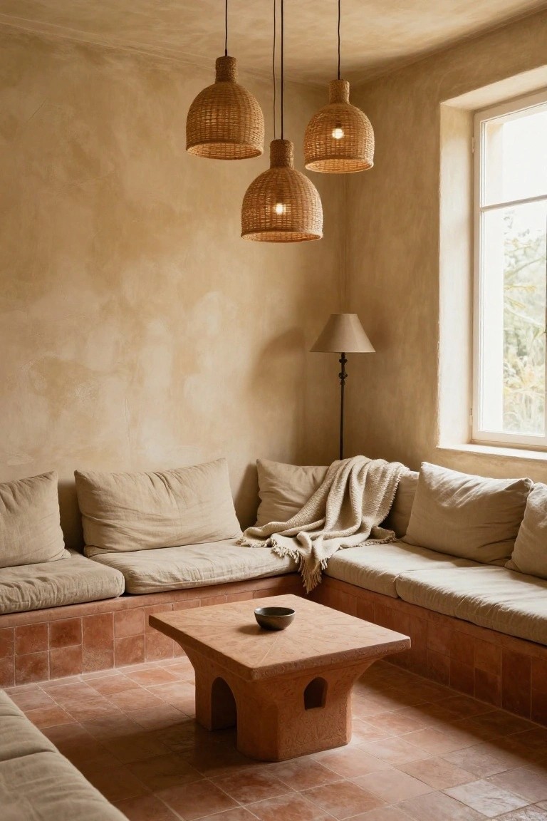 Cozy living room corner featuring textured beige walls, L-shaped built-in beige sofa on terracotta tiled raised platform, low terracotta table with ceramic bowl, three hanging rattan pendant lights, a floor lamp near a large window, and terracotta tile floor.