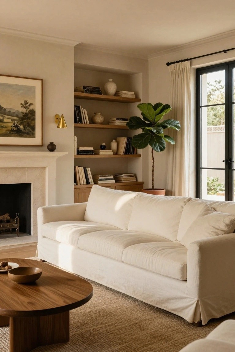 A living room with beige walls has a white slipcovered sofa facing a limestone fireplace, a wood coffee table on a seagrass rug, built-in bookshelves, a fiddle leaf fig plant, and French doors with white curtains.