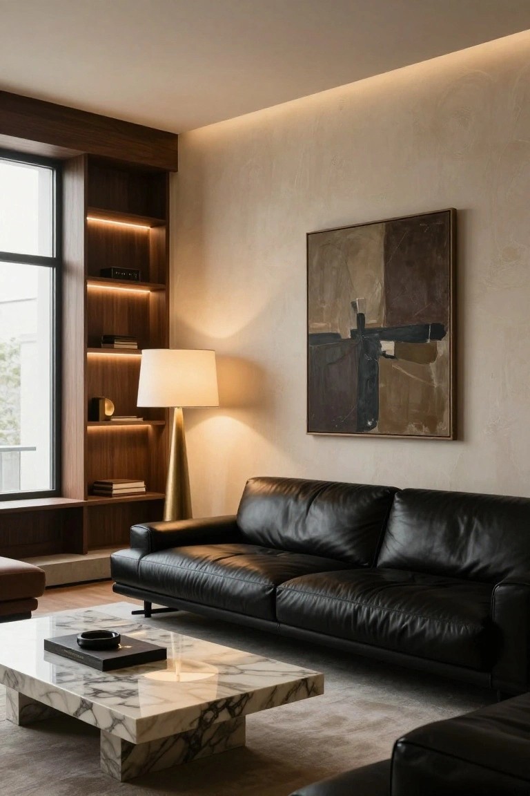 Living room with beige textured walls, dark wood built-in shelving lit by LED strips around a large window, black leather sofa, gold floor lamp, marble coffee table, and abstract painting.