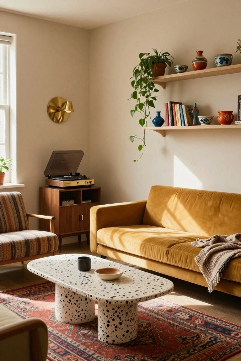 Living room with light beige walls, mustard yellow velvet sofa, striped armchair, wood media cabinet with record player, oval white terrazzo coffee table, red rug, plants, and shelves with pottery and books.