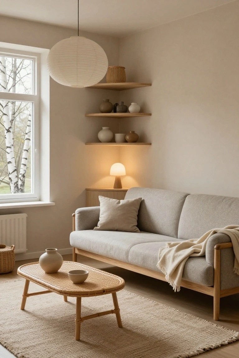 Beige-walled living room corner with light gray sofa on oak frame draped in a white throw, rattan coffee table holding a vase and bowl, wood shelves displaying ceramics, a table lamp, pendant light, and window view of birch trees.
