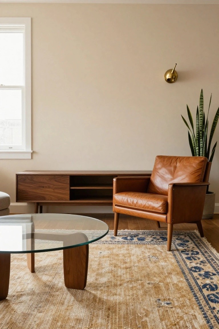 Beige-walled living room with tan leather armchair, walnut credenza, glass coffee table on beige rug, potted snake plant, and brass wall light near window.