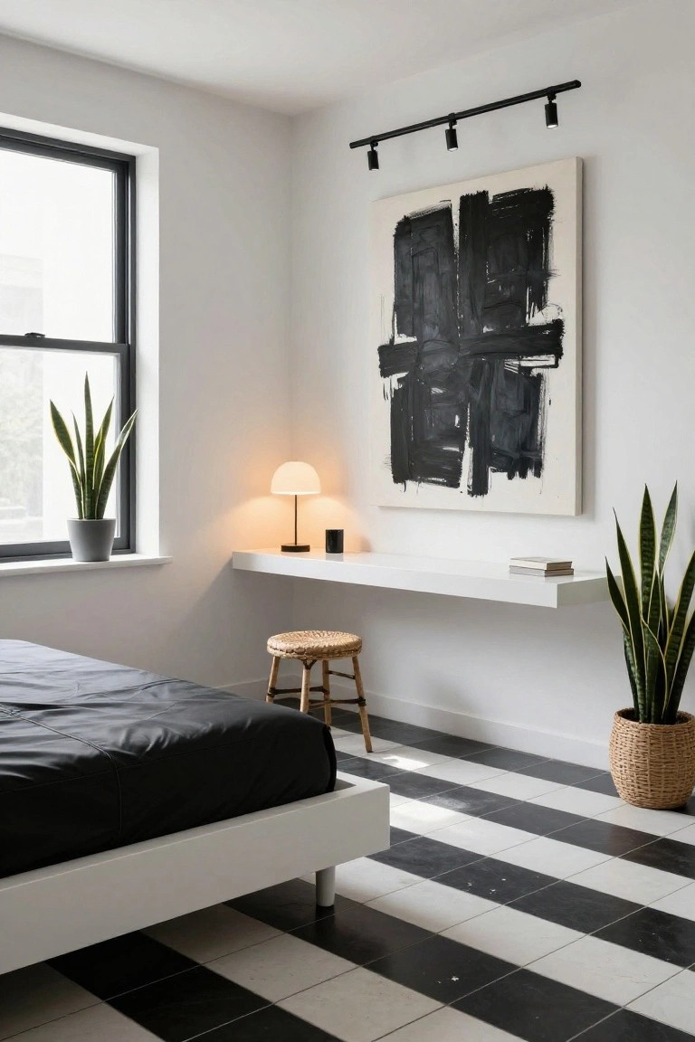 Corner view of a minimalist bedroom with a black leather bed on white frame, white floating desk with lamp and stool, large abstract black painting on wall, snake plants in pots, and black and white checkered tile floor.