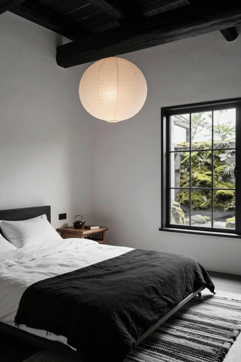 Bedroom with white walls and bedding, black exposed ceiling beams and platform bed frame, wooden side table holding a teapot, hanging paper lantern, and window showing mossy rocks and plants outside.