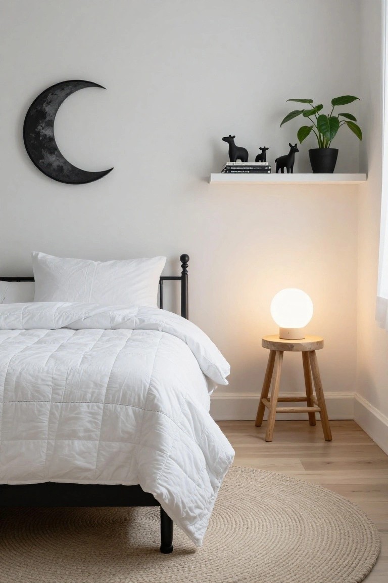 Corner of a white bedroom with black metal bedframe, white quilted duvet and pillows, wooden stool holding white globe lamp, floating shelf with black cow figurines and books, black crescent moon wall hanging, green plant in black pot, beige rug on light wood floor.