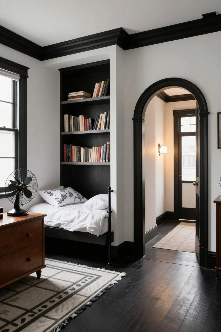 A bedroom nook with a black metal daybed and integrated black shelving unit against white walls, black trim and arched doorway, wooden dresser, black fan, white bedding, and patterned rug on dark wood floors.