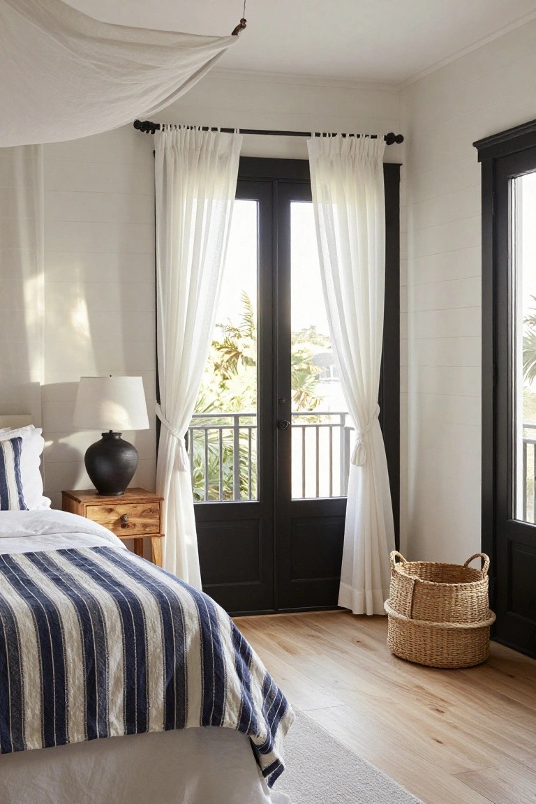 Bedroom with white shiplap walls, king bed with navy and white striped duvet, wooden nightstand holding black ceramic lamp, sheer white curtains tied back on black French doors to balcony, woven seagrass basket on oak floor.