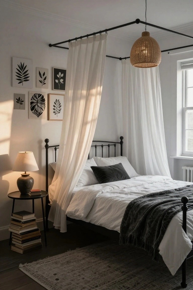 Bedroom with black metal bed frame and sheer white canopy drapes, black-and-white botanical art on white walls, bedside table holding lamp and stacked books, rattan pendant light, and rug on wood floor.