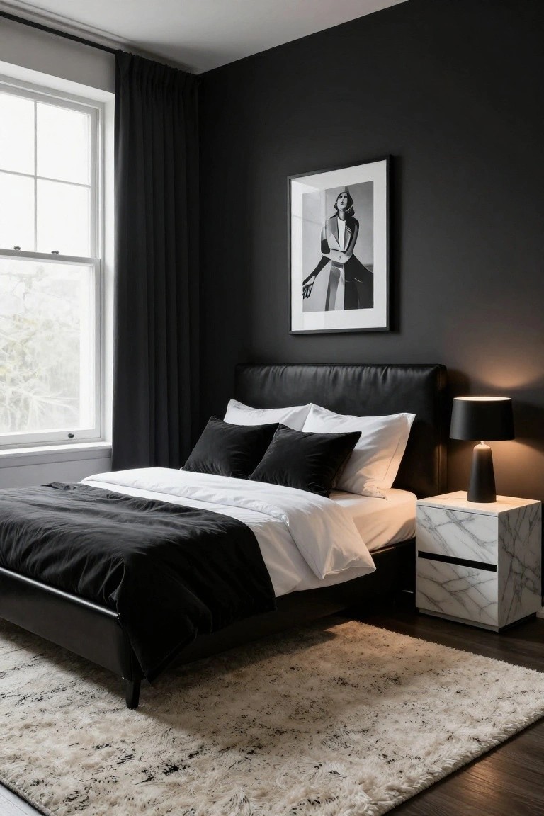 A bedroom with dark black walls, black leather upholstered bed dressed in black velvet pillows and white sheets, marble nightstand with black lamp, and black and white portrait on the wall.