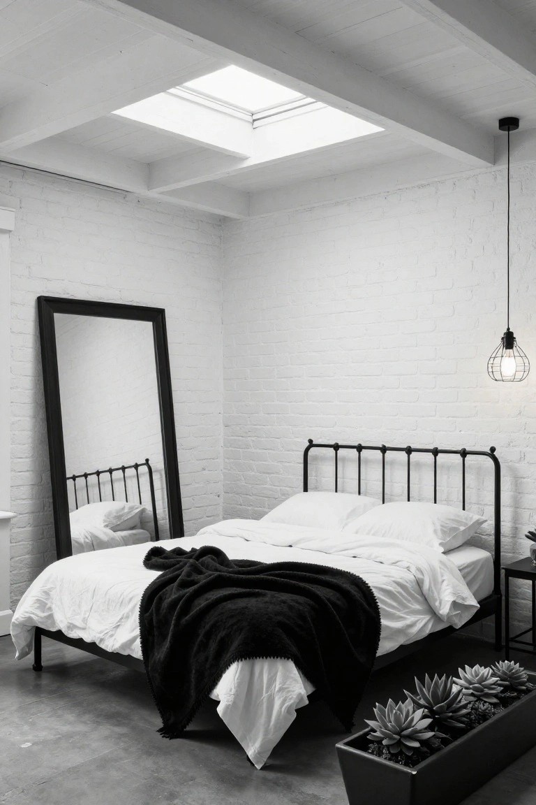Black and white bedroom featuring a black metal bedframe with white linens and black throw, tall black-framed mirror, exposed white brick walls, skylight ceiling, pendant light, and potted succulents on concrete floor.