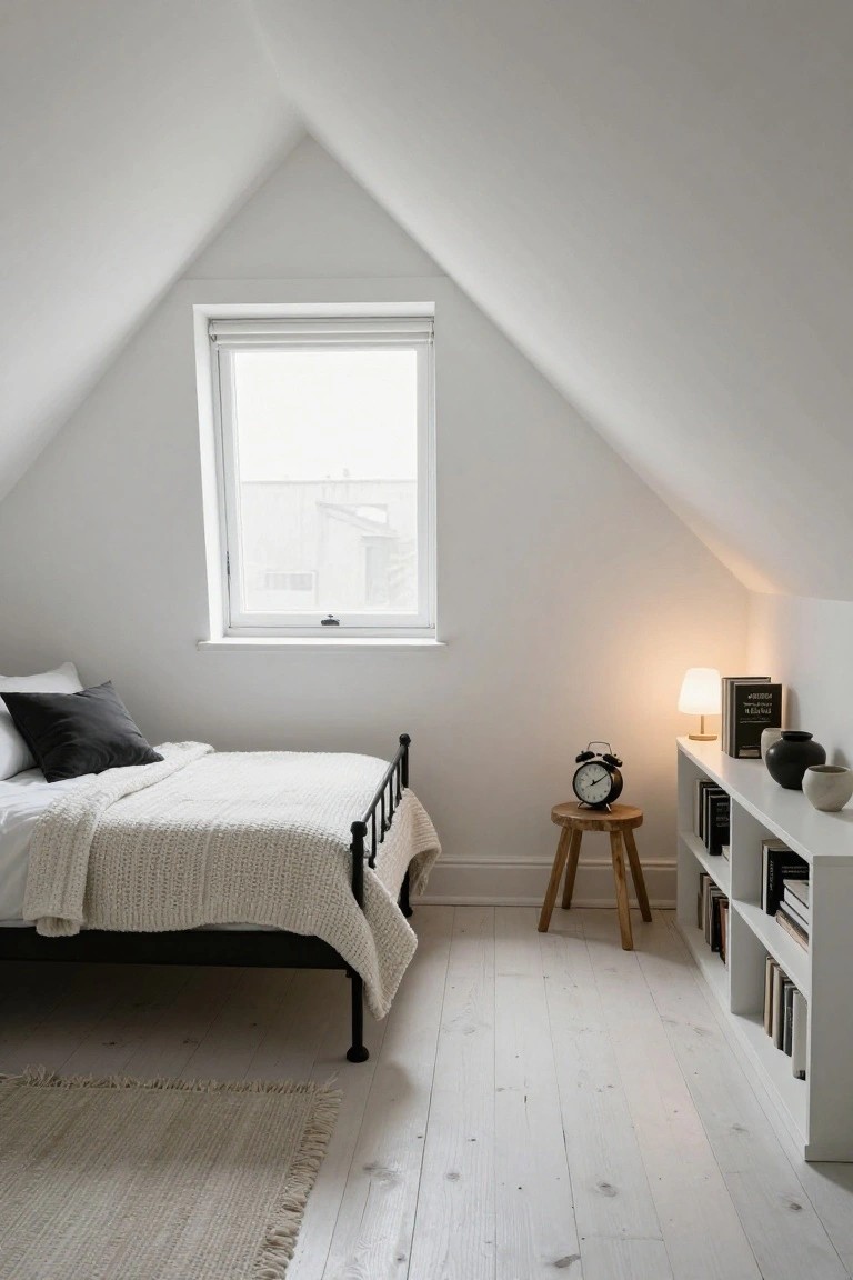 Attic bedroom with sloped white ceiling, black metal bed frame on white sheets and knit throw, bedside bookshelf with books and lamp, black alarm clock on wooden stool, whitewashed wood floors, and beige rug.