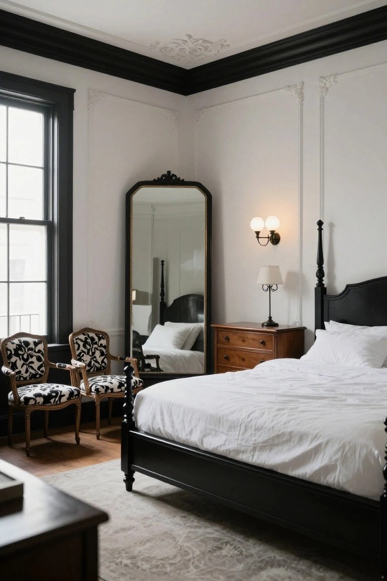Corner of a white bedroom with black trim on ceiling and windows, black four-poster bed with white bedding, tall ornate mirror, wooden dresser with lamp, and two armchairs upholstered in black and white pattern on wood floor with rug.