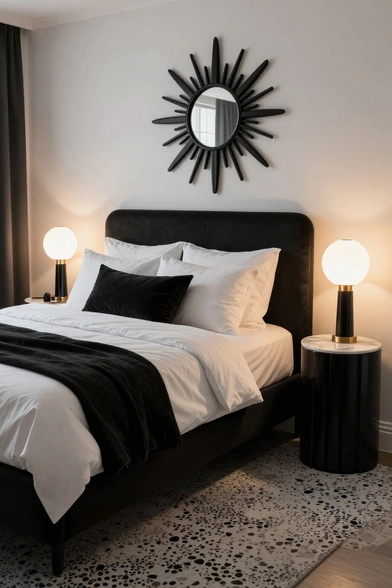 A bedroom interior with a black velvet upholstered bed headboard, white sheets and pillows with black velvet accents, black sunburst mirror on a white wall, black nightstands topped with white marble and gold-based globe lamps, and a black and white spotted rug on the floor.