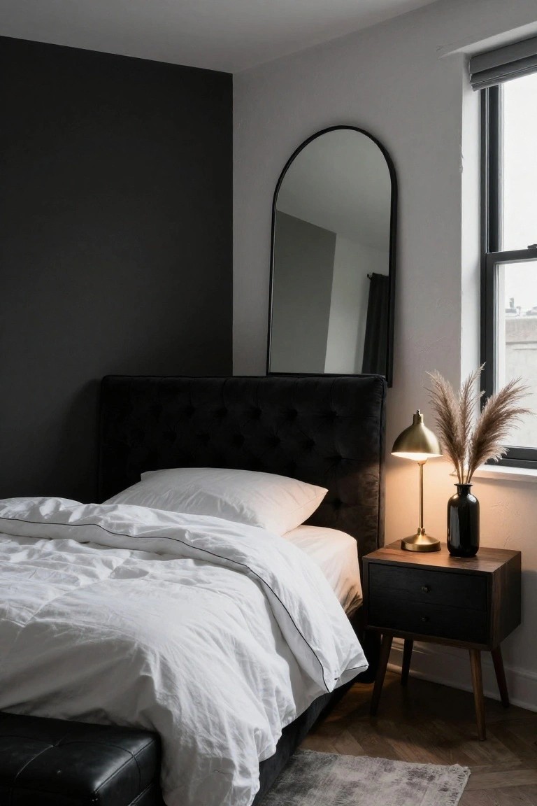 Bedroom with black accent wall, arched black mirror, black tufted headboard bed draped in white linens, black wood nightstand holding gold lamp and black vase of pampas grass, leather bench at bed foot, hardwood floor, and window with gray blinds.