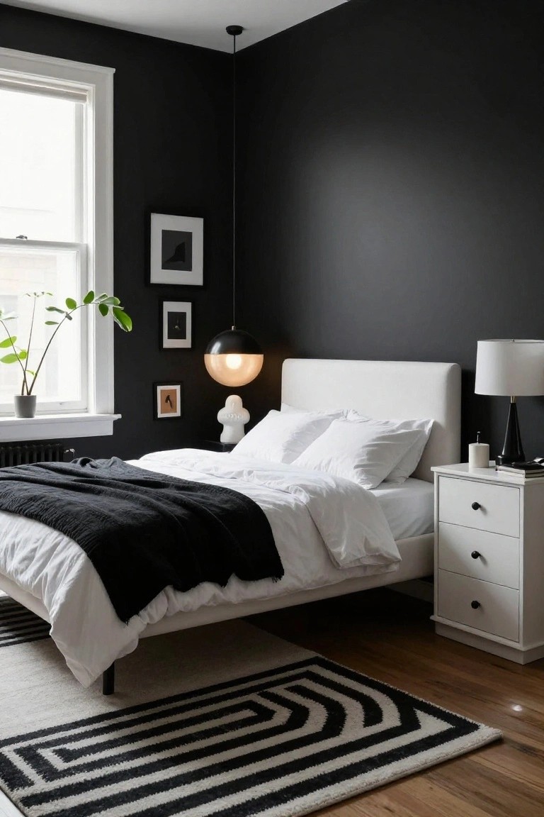 A bedroom with dark charcoal walls, white upholstered bed topped with white sheets and pillows plus a black throw, white nightstand with lamp, black and white artwork, potted plant, and black and white rug on wood floors.