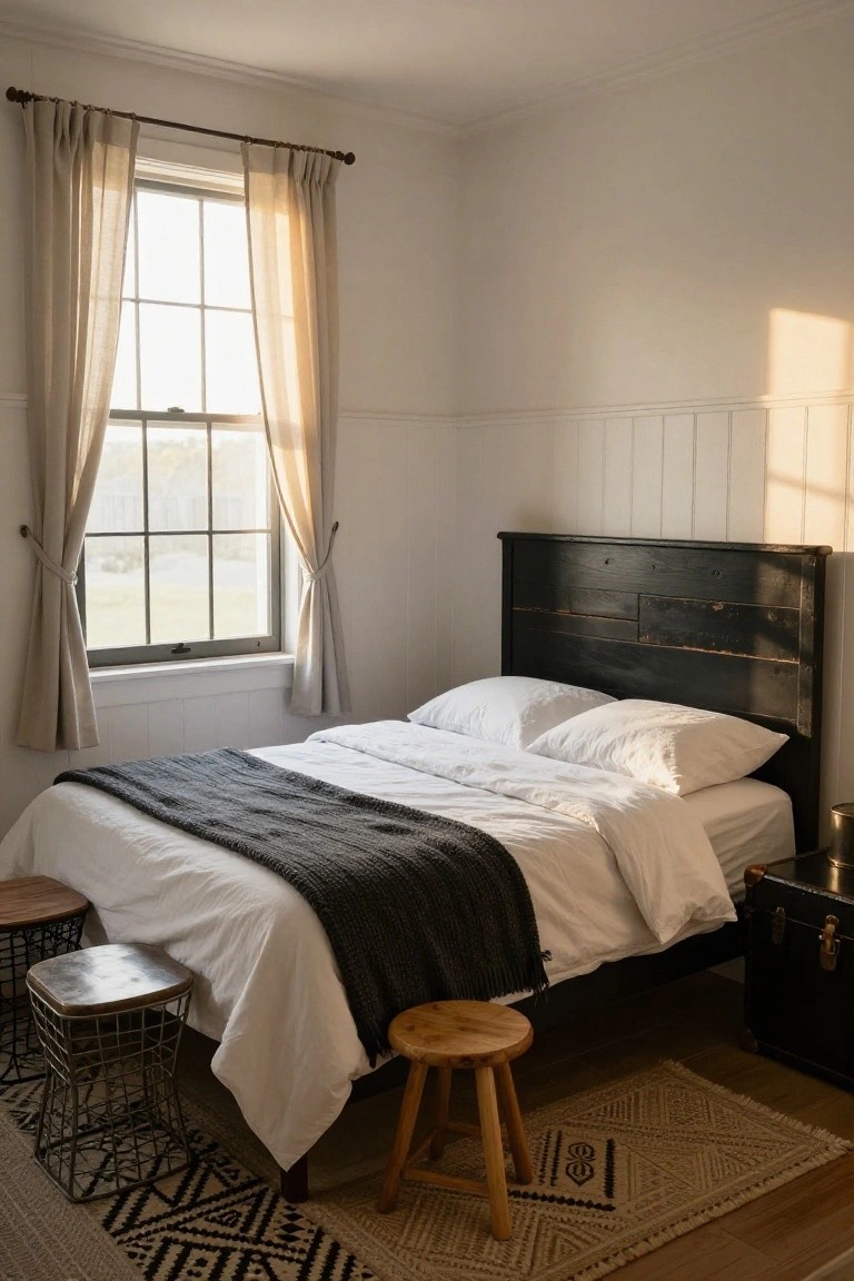 Cozy bedroom corner featuring a black wooden headboard with white pillows and sheets, gray knit throw, two stools, metal basket, bedside trunk, beige rug, and window with linen curtains.