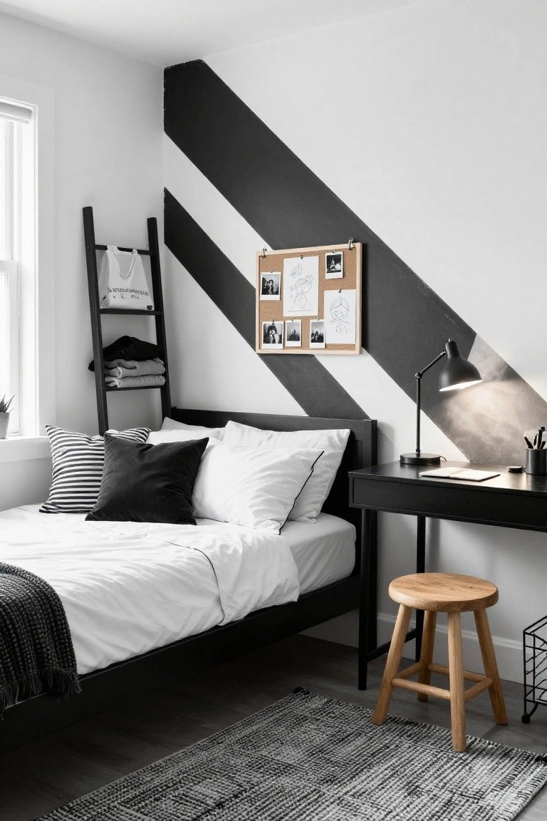 A minimalist bedroom corner with broad diagonal black stripes on white walls, black metal bed frame with white bedding and black throw, black desk, wooden stool, black ladder shelf with folded clothes, and gray rug on wood floor.