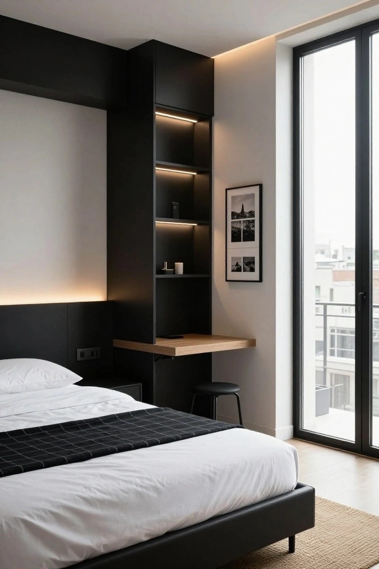 Modern bedroom featuring tall black built-in shelving and cabinets with LED lighting, a floating wooden desk with black stool, black bed frame with white bedding, and large floor-to-ceiling window.