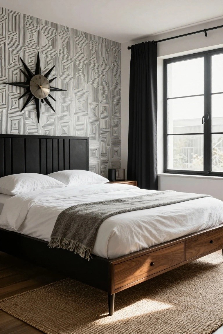 Bedroom with low wood bed frame, black upholstered headboard, white bedding and gray throw, against geometric gray wallpaper with starburst clock, black curtains on window, wooden nightstand, and seagrass rug on wood floor.
