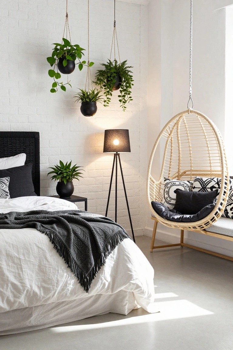 A bedroom with white brick walls, black rattan headboard, white bedding draped with a gray throw, multiple potted plants including hanging ones in black pots, black tripod floor lamp, and beige rattan hanging swing chair.