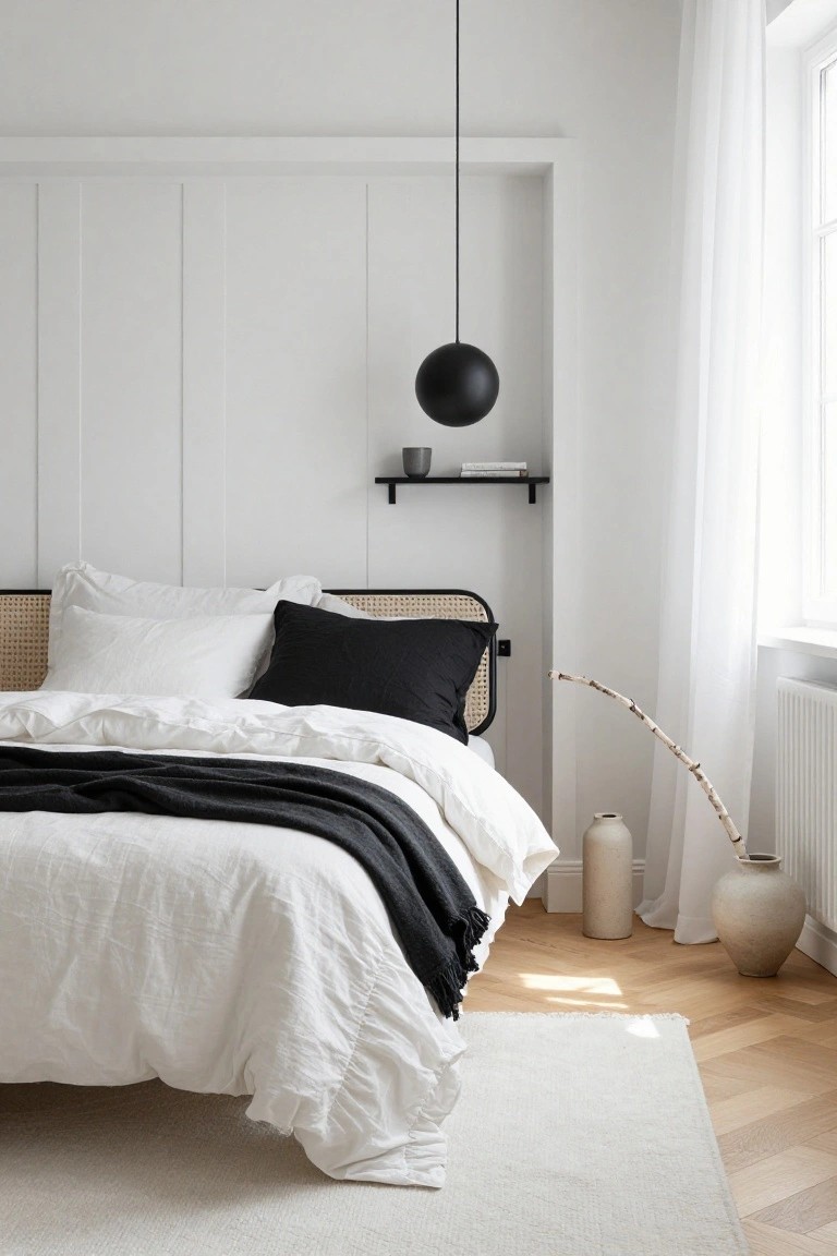 A bedroom with white paneled walls, rattan headboard bed dressed in white sheets and pillows topped by a black knit throw, black pendant light, floating shelf with mug and book, two beige vases, and white curtains beside a radiator on herringbone oak flooring.