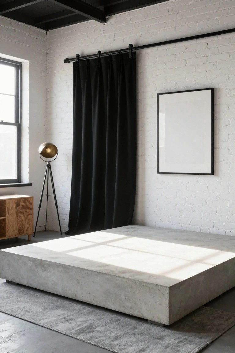 Minimalist bedroom interior with exposed white brick walls, black floor-length curtains on track, brass tripod floor lamp, wooden low cabinet, empty black-framed artwork, and large low rectangular concrete platform bed on gray rug.