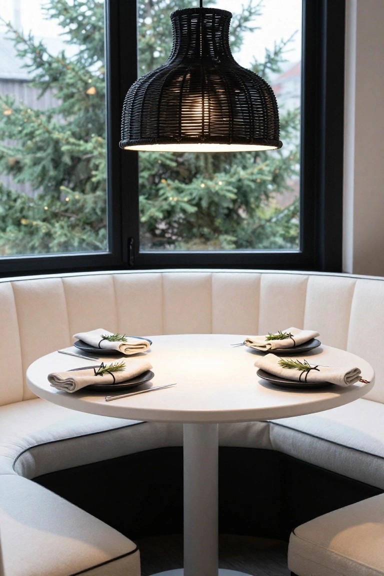 Curved white booth seating around a round white pedestal table set for four with black plates, beige linen napkins tied with rosemary sprigs and black ribbons, under a black rattan pendant light, next to black-framed windows showing evergreen trees.