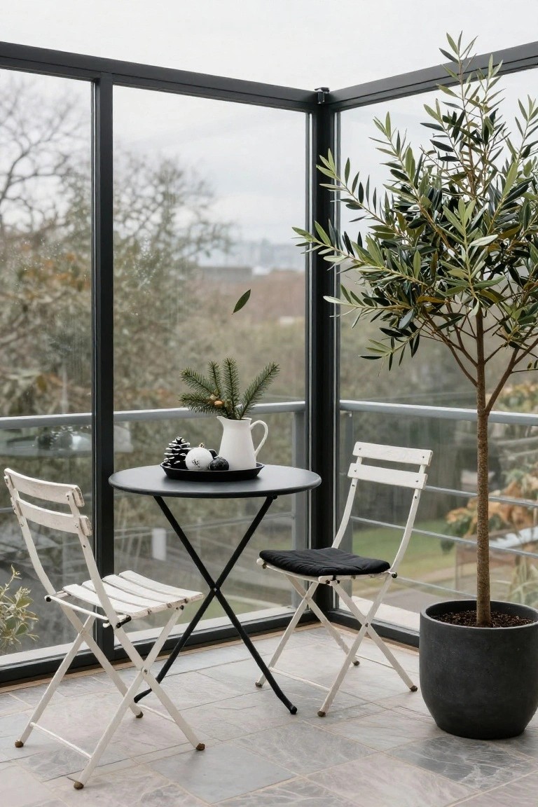 Glass-enclosed balcony corner with black round table, two white folding chairs, black tray of Christmas pine branches ornaments and pinecones in white jug, tall potted olive tree, and outdoor view.