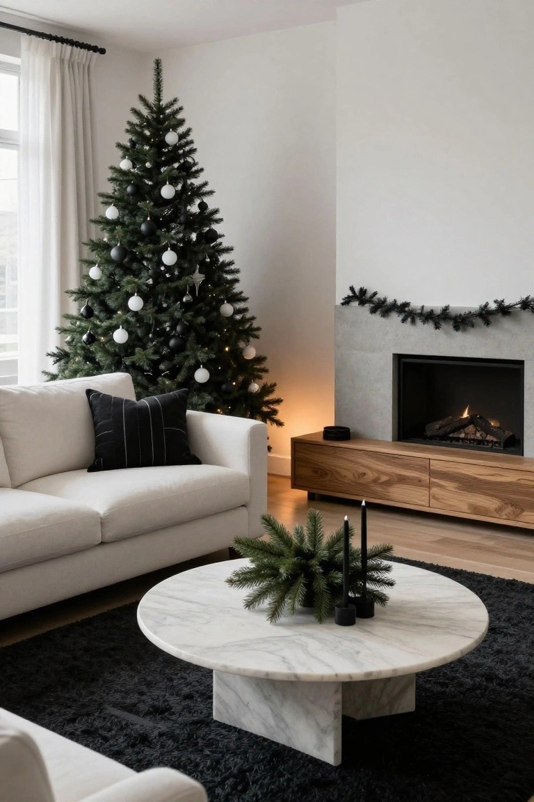 Modern living room interior with a Christmas tree decorated in black and white baubles, white sofa on black rug, round marble coffee table with greenery, wooden media cabinet, and concrete fireplace with black garland.