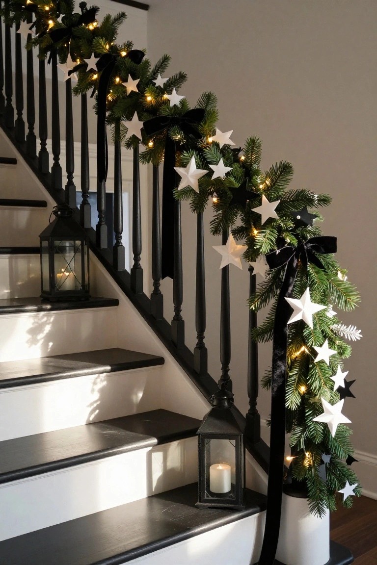 Wooden staircase with black metal railing wrapped in evergreen garland, black ribbons, white paper stars, and fairy lights, plus black lanterns with candles on the steps.