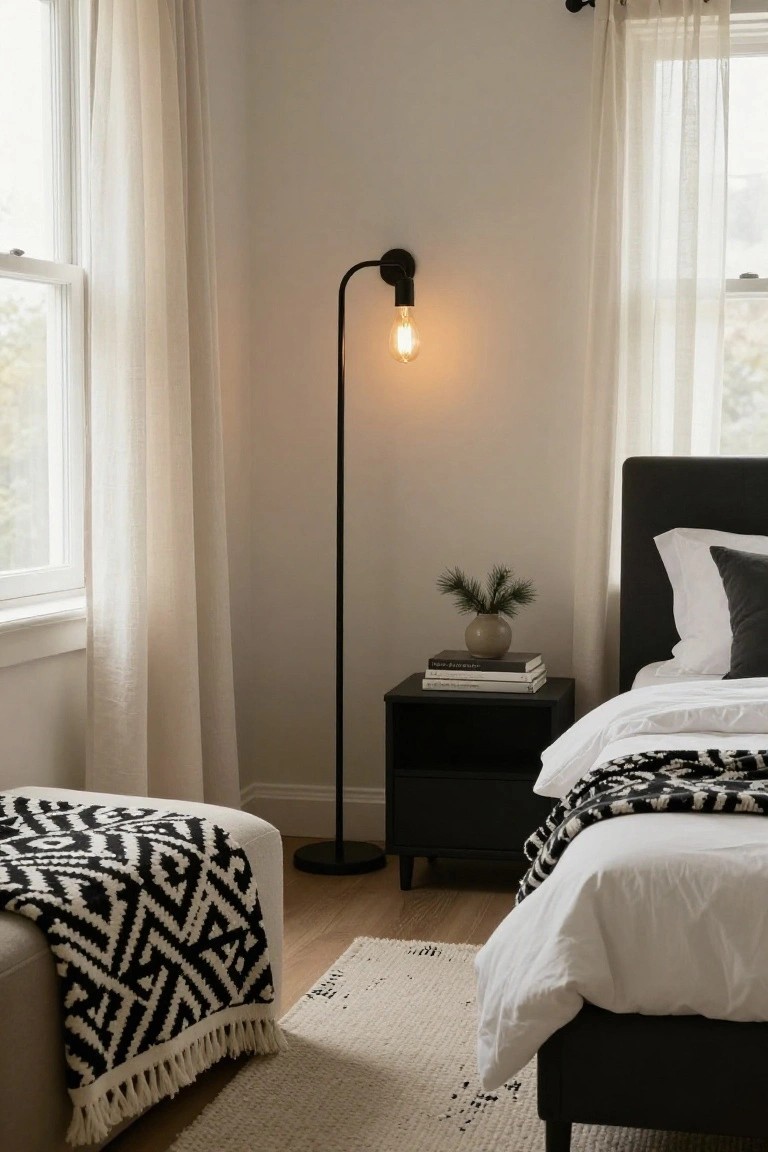 Corner of a bedroom featuring a black upholstered bed with white bedding and a black-and-white geometric throw, black nightstand with books and potted plant, black arc floor lamp, ottoman with matching throw, and sheer curtains on two windows.