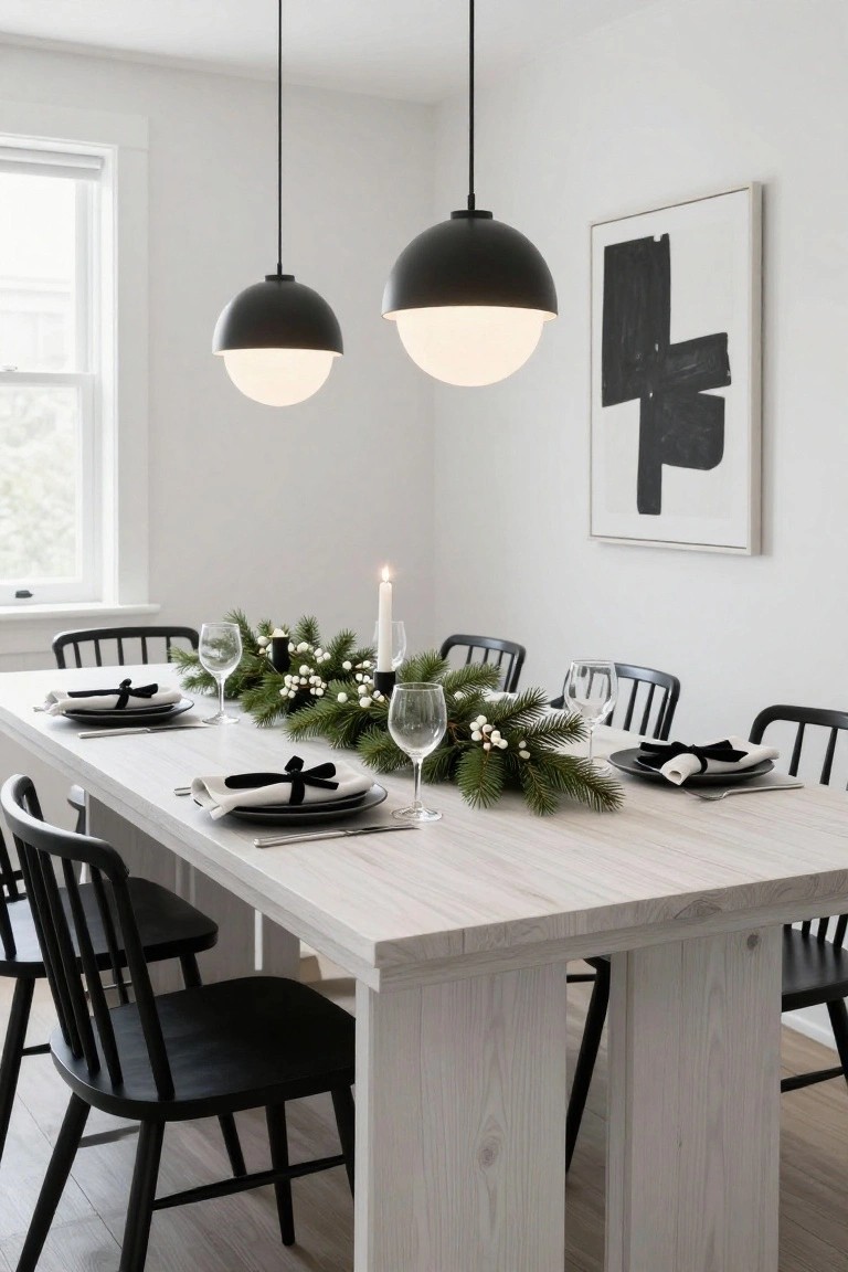 Whitewashed wood dining table with black chairs, set with black plates, white napkins tied in black ribbon, wine glasses, and a centerpiece of evergreen branches and white berries under two black pendant lights.