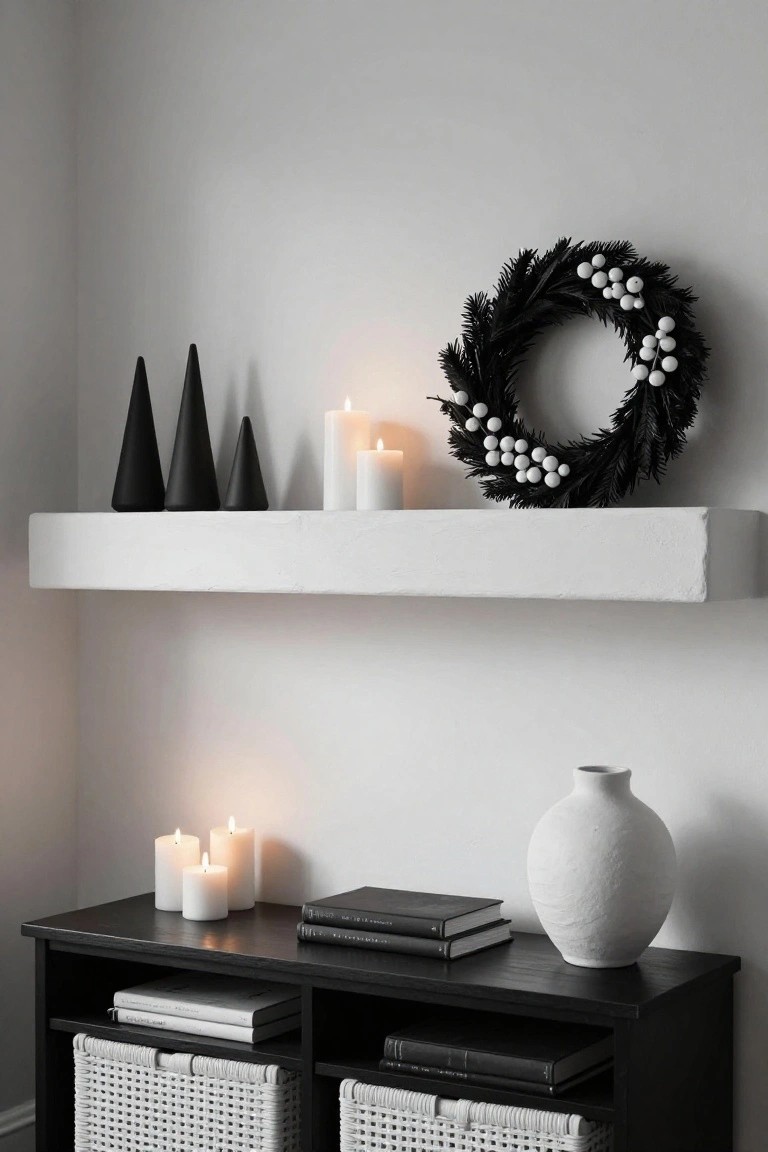 White floating shelf displays three matte black conical Christmas trees of varying heights, two white pillar candles, and a black wreath with white berries against a white wall, above a black media console with white woven baskets, books, and a white textured vase.