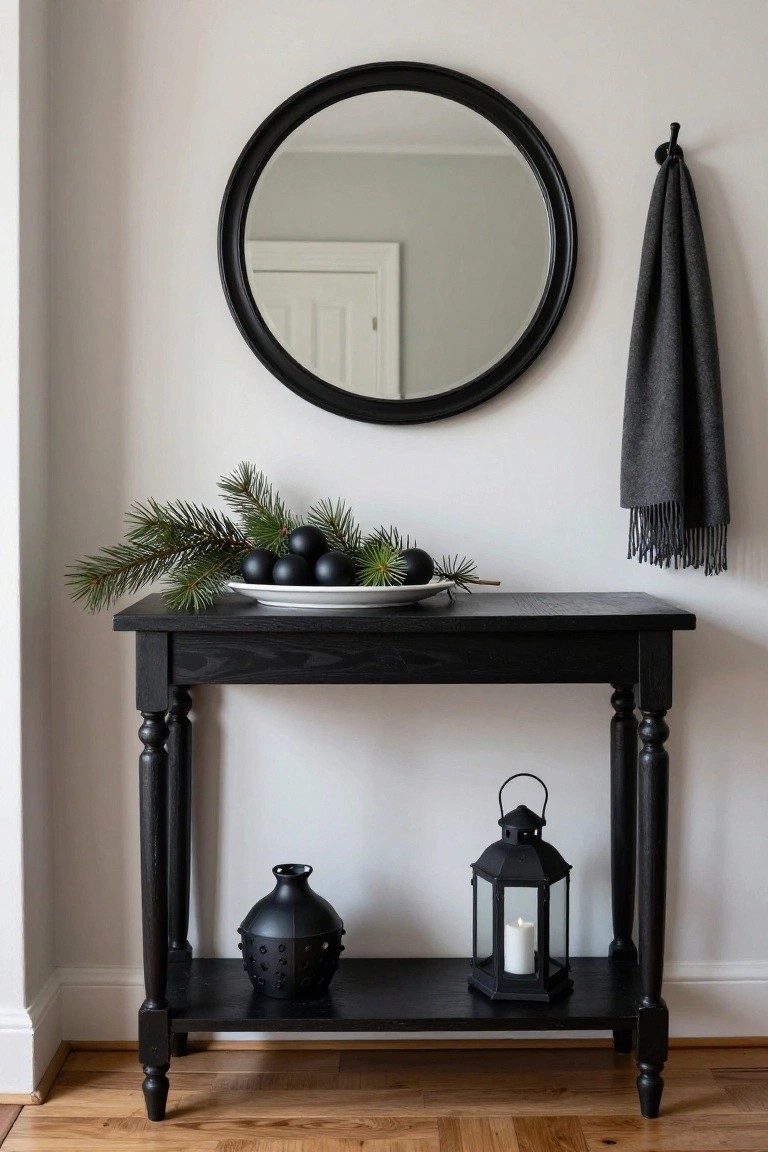 Black wooden console table against a white wall in an entryway, topped with a white dish holding pine branches and black ornaments, a black-framed round mirror above it, gray scarf on a hook nearby, black vase and lantern on the lower shelf.
