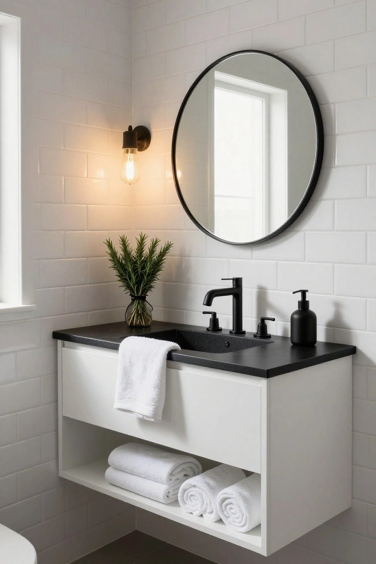 Bathroom corner with white subway tile walls, floating white vanity topped with black countertop and sink, black faucet, black soap dispenser, round black-framed mirror, wall sconce with exposed bulb, rosemary plant in vase, and stacked white towels below.
