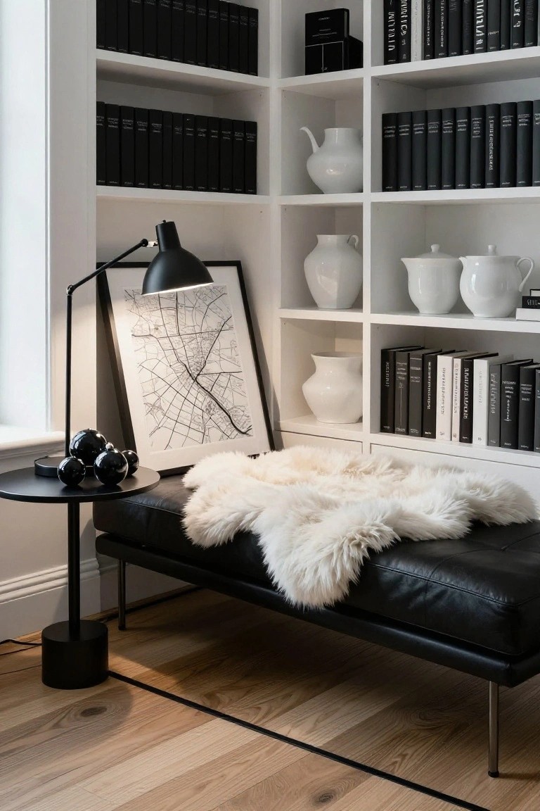 White built-in bookshelves filled with black books and white ceramic pitchers and jugs, beside a black floor lamp with adjustable arm illuminating a framed black line drawing map, a black side table holding clusters of black glass spheres, and a low black leather daybed with chrome legs draped in a white shaggy fur throw, on light wood floors next to a white wall.